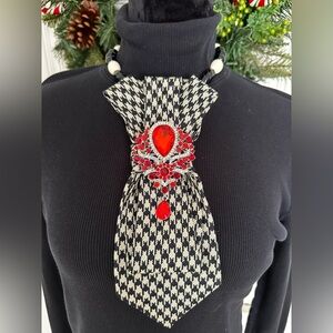 OOAK Black & White Tie Necklace with Brilliant Red Stone Brooch & Beaded Chain